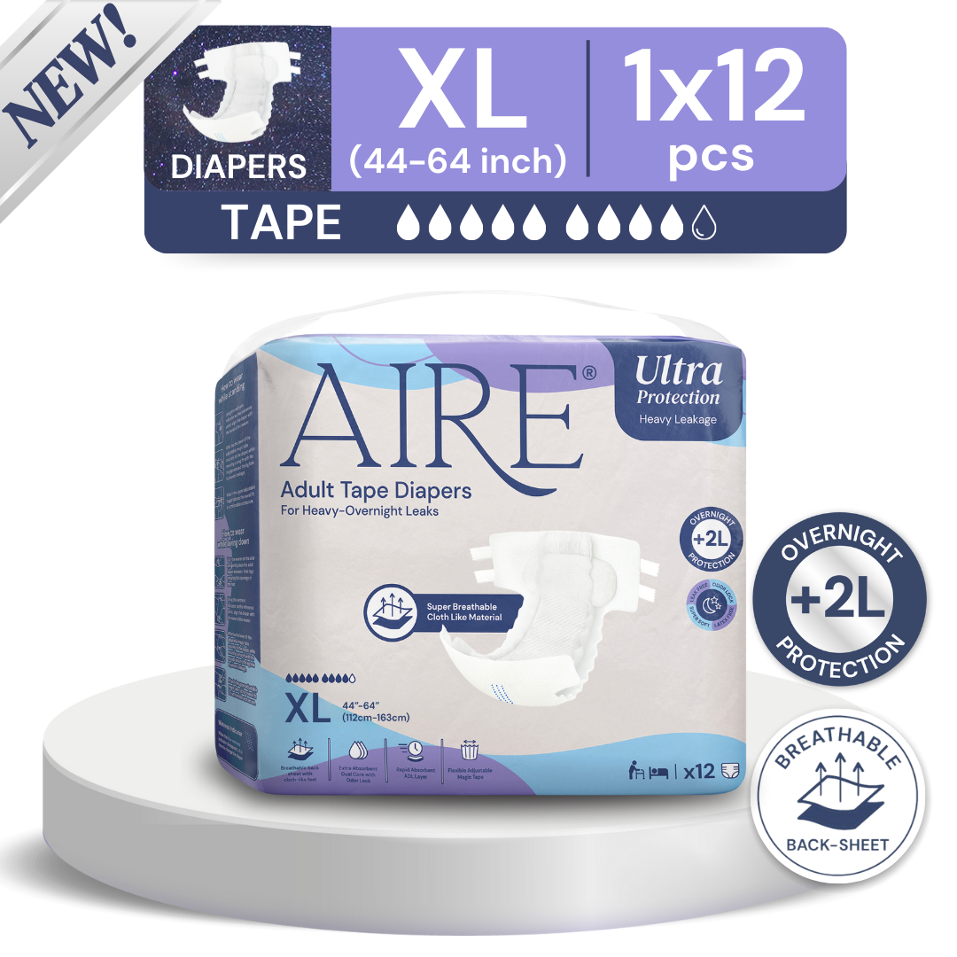 Aire Adult Tape Diapers -Size XL (1x12pcs) Unisex, Fully Breathable, Cloth like feel, with Magic Tape For Heavy Overnight Leaks