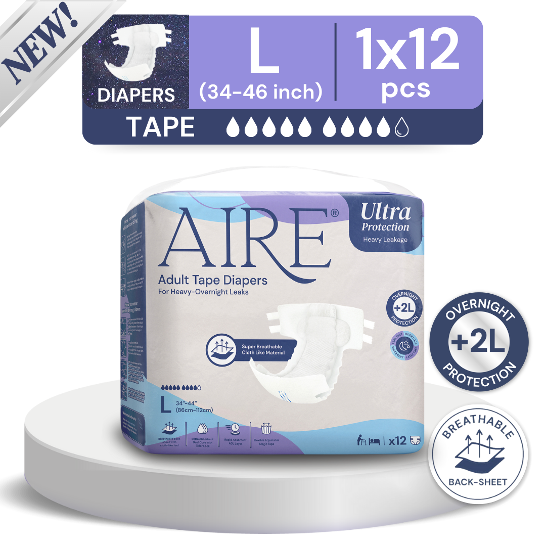 Aire Adult Tape Diapers -Size L (1x12pcs) Unisex, Fully Breathable, Cloth like feel, with Magic Tape For Heavy Overnight Leaks