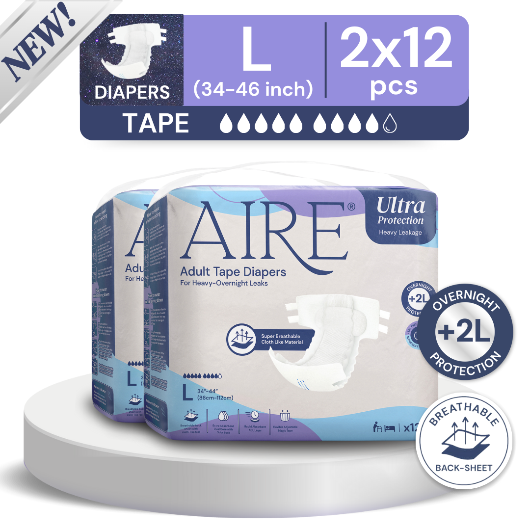 Aire Adult Tape Diapers -Size L (2x12pcs) Unisex, Fully Breathable, Cloth like feel, with Magic Tape For Heavy Overnight Leaks