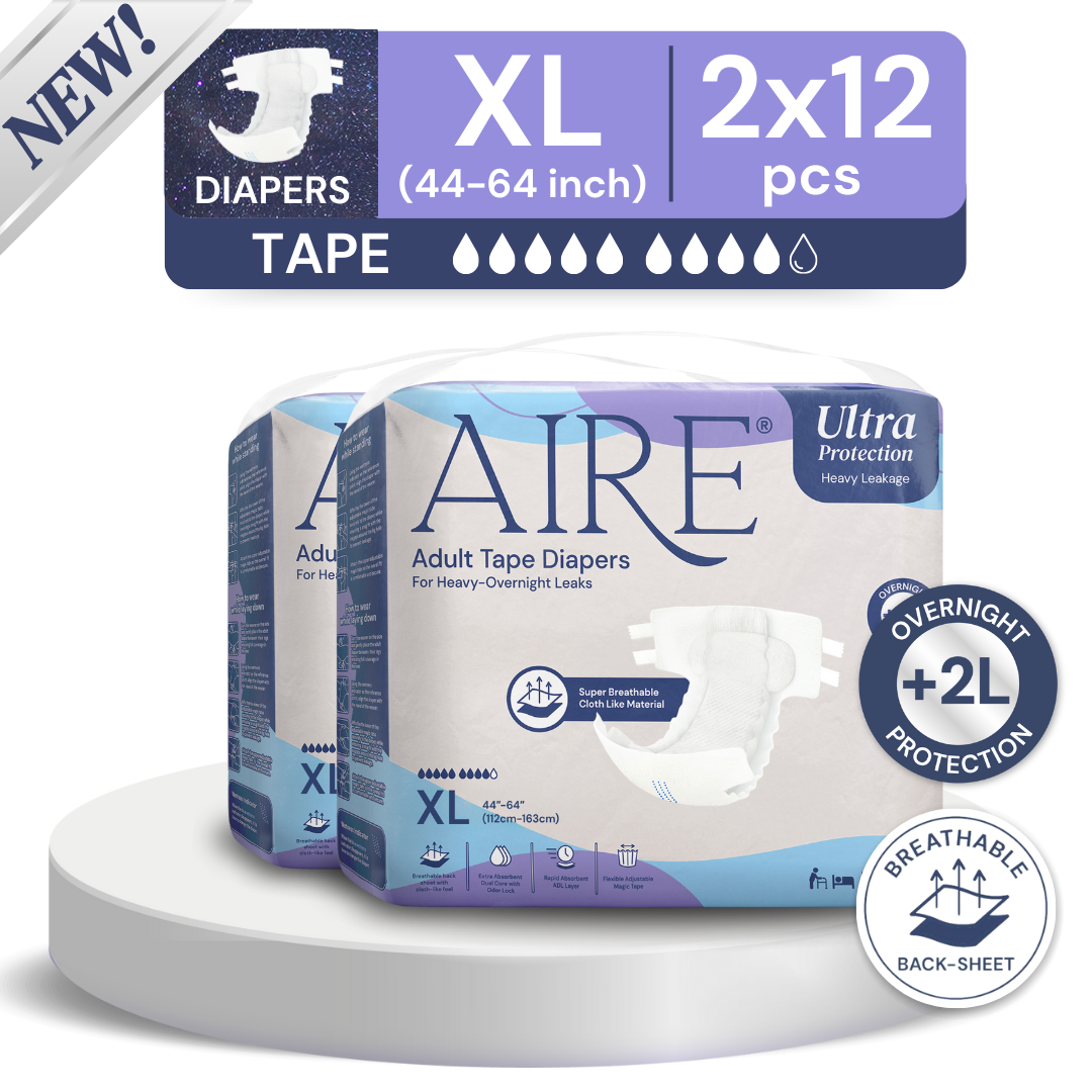 Aire Adult Tape Diapers -Size XL (2x12pcs) Unisex, Fully Breathable, Cloth like feel, with Magic Tape For Heavy Overnight Leaks