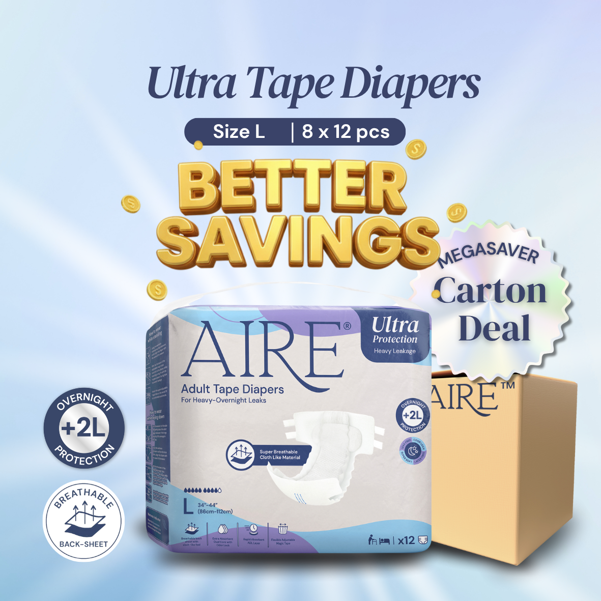 {CARTON DEAL} Aire® Ultra Tape Diapers - Size L (8x12pcs)