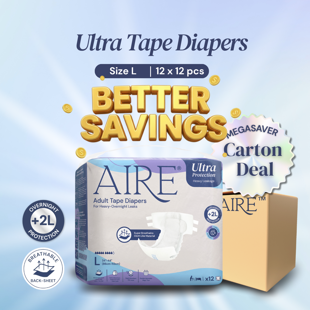 {CARTON DEAL} Aire® Ultra Tape Diapers - Size L (12x12pcs)