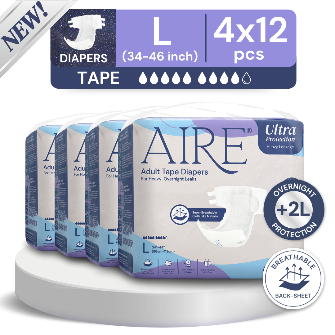 Aire Adult Tape Diapers -Size L (4x12pcs) Unisex, Fully Breathable, Cloth like feel, with Magic Tape For Heavy Overnight Leaks