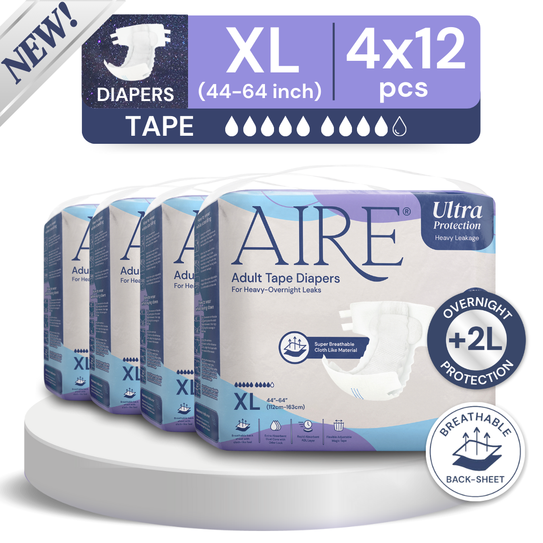 Aire Adult Tape Diapers -Size XL (4x12pcs) Unisex, Fully Breathable, Cloth like feel, with Magic Tape For Heavy Overnight Leaks