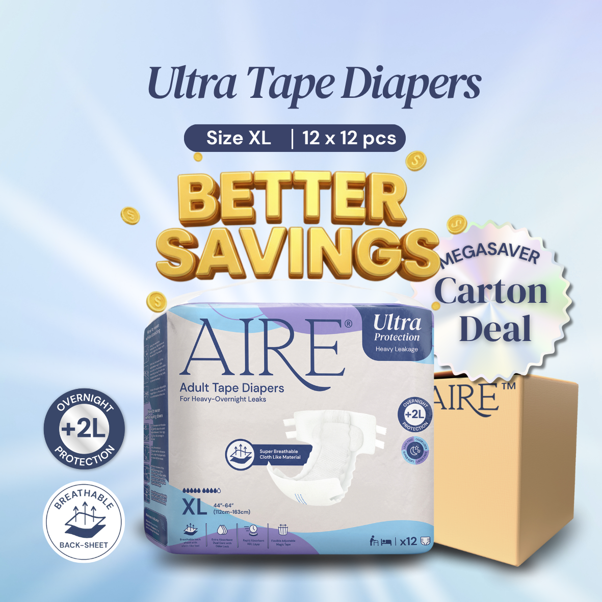 {CARTON DEAL} Aire® Ultra Tape Diapers - Size XL (12x12pcs)