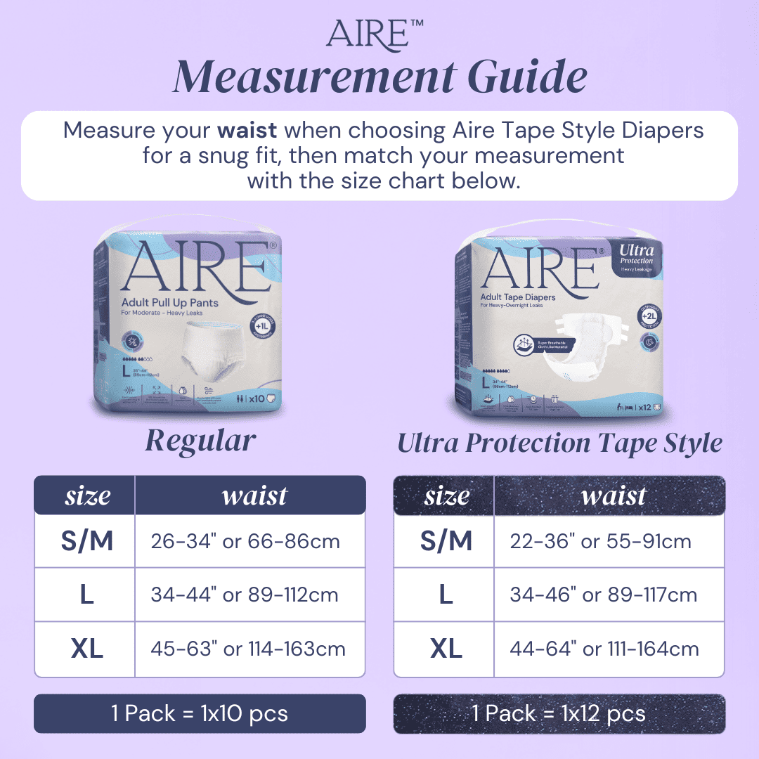 Aire Adult Tape Diapers -Size L (1x12pcs) Unisex, Fully Breathable, Cloth like feel, with Magic Tape For Heavy Overnight Leaks