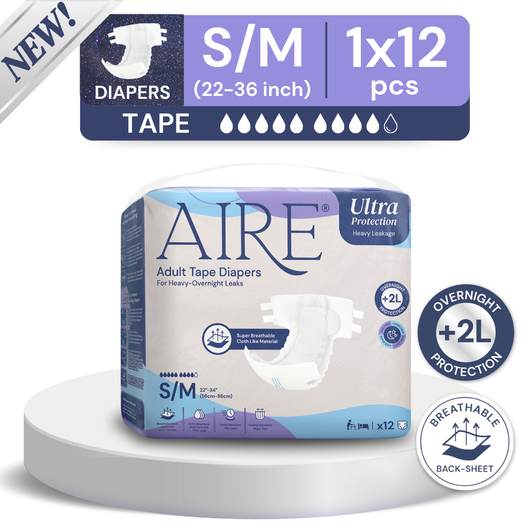 Aire Adult Tape Diapers - Size S/M (1x12pcs) Unisex, Fully Breathable, Cloth like feel, with Magic Tape For Heavy Overnight Leaks