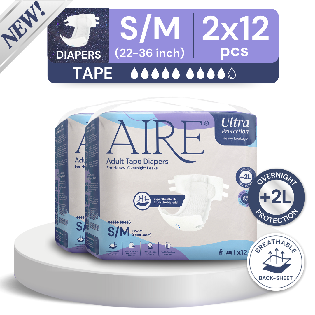 Aire Adult Tape Diapers - Size S/M (2x12pcs) Unisex, Fully Breathable, Cloth like feel, with Magic Tape For Heavy Overnight Leaks