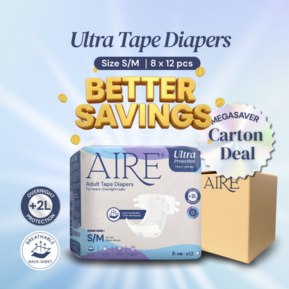 {CARTON DEAL} Aire® Ultra Tape Diapers - Size S/M (8x12pcs)