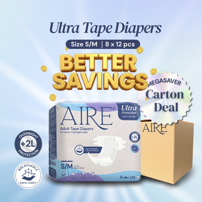 {CARTON DEAL} Aire® Ultra Tape Diapers - Size S/M (8x12pcs)