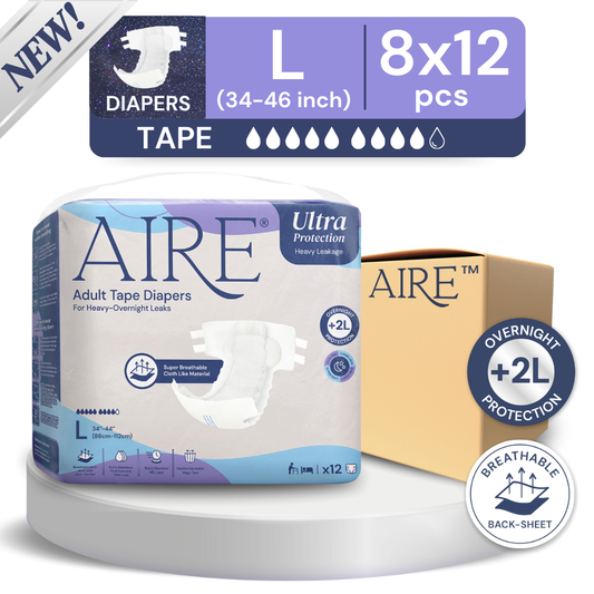 (CARTON DEAL) Aire Adult Tape Diapers - Size L (8x12pcs) Unisex, Fully Breathable, Cloth like feel, with Magic Tape For Heavy Overnight Leaks