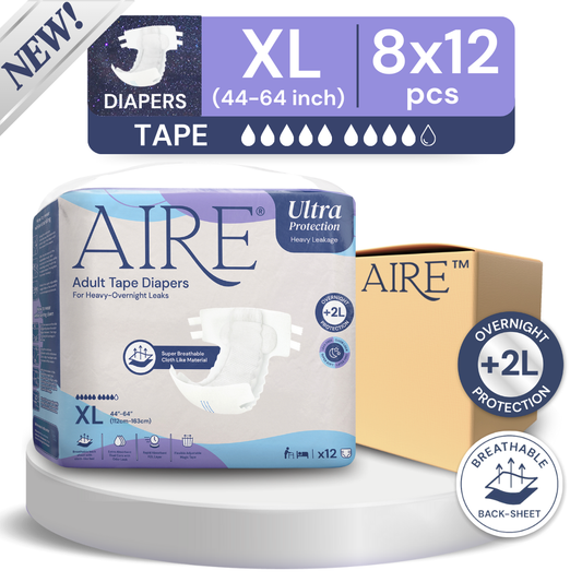 (CARTON DEAL) Aire Adult Tape Diapers - Size XL (8x12pcs) Unisex, Fully Breathable, Cloth like feel, with Magic Tape For Heavy Overnight Leaks