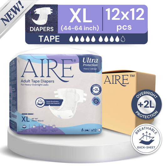 (CARTON DEAL) Aire Adult Tape Diapers - Size XL (12x12pcs) Unisex, Fully Breathable, Cloth like feel, with Magic Tape For Heavy Overnight Leaks