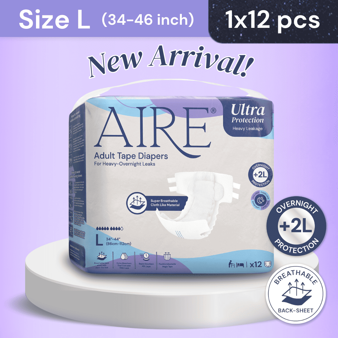 (CARTON DEAL) Aire Adult Tape Diapers - Size L (8x12pcs) Unisex, Fully Breathable, Cloth like feel, with Magic Tape For Heavy Overnight Leaks