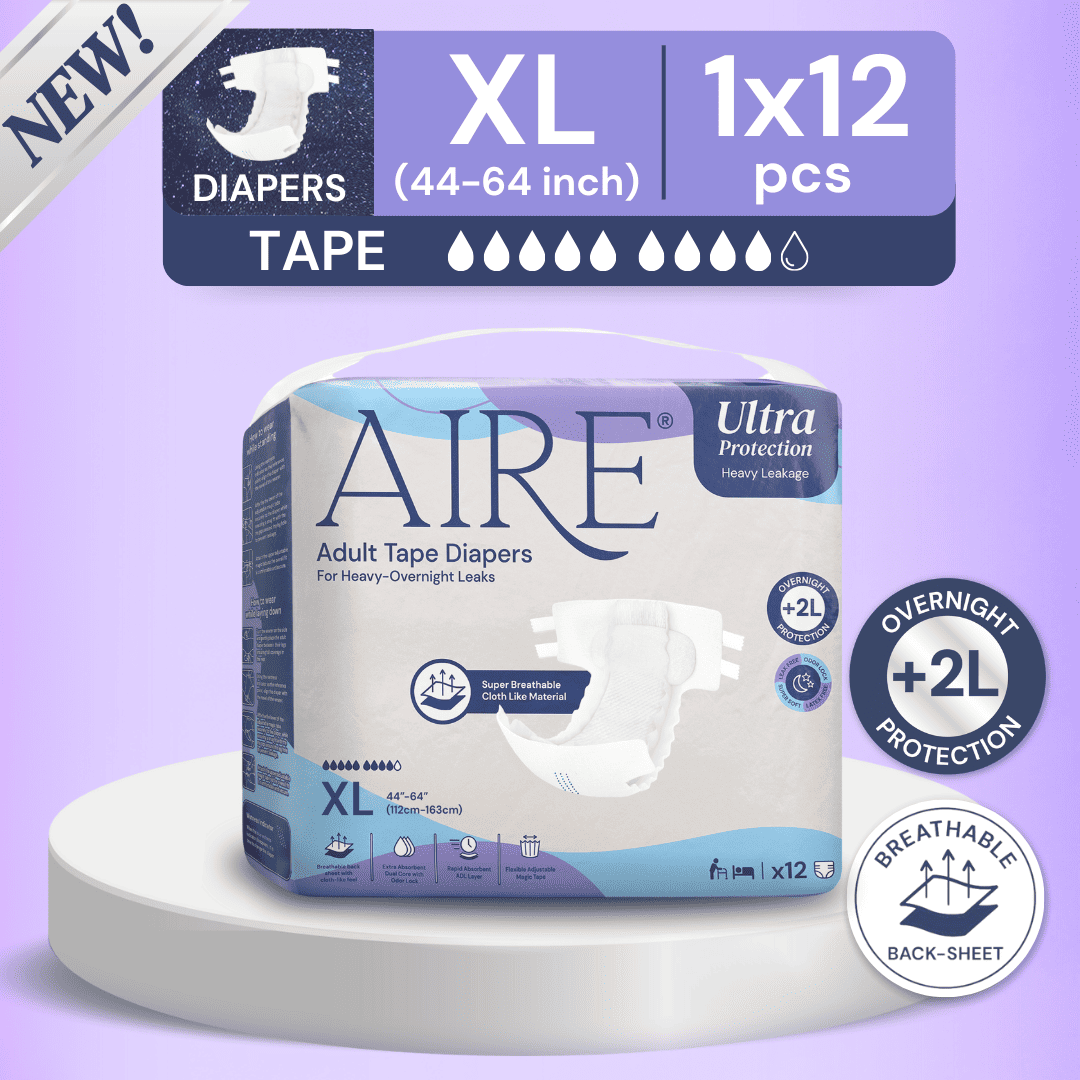 Aire Adult Tape Diapers -Size XL (1x12pcs) Unisex, Fully Breathable, Cloth like feel, with Magic Tape For Heavy Overnight Leaks