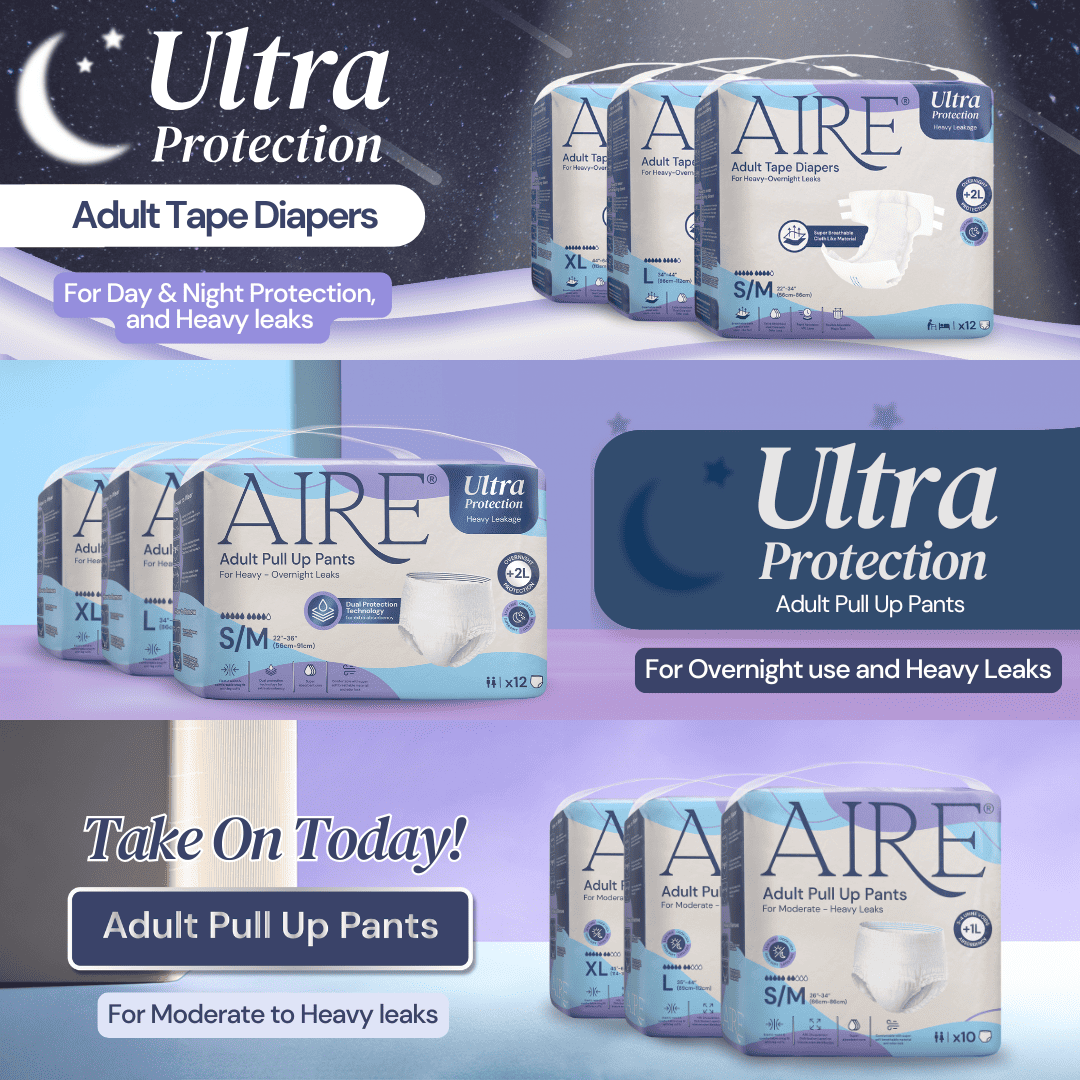 (CARTON DEAL) Aire Adult Tape Diapers - Size L (8x12pcs) Unisex, Fully Breathable, Cloth like feel, with Magic Tape For Heavy Overnight Leaks