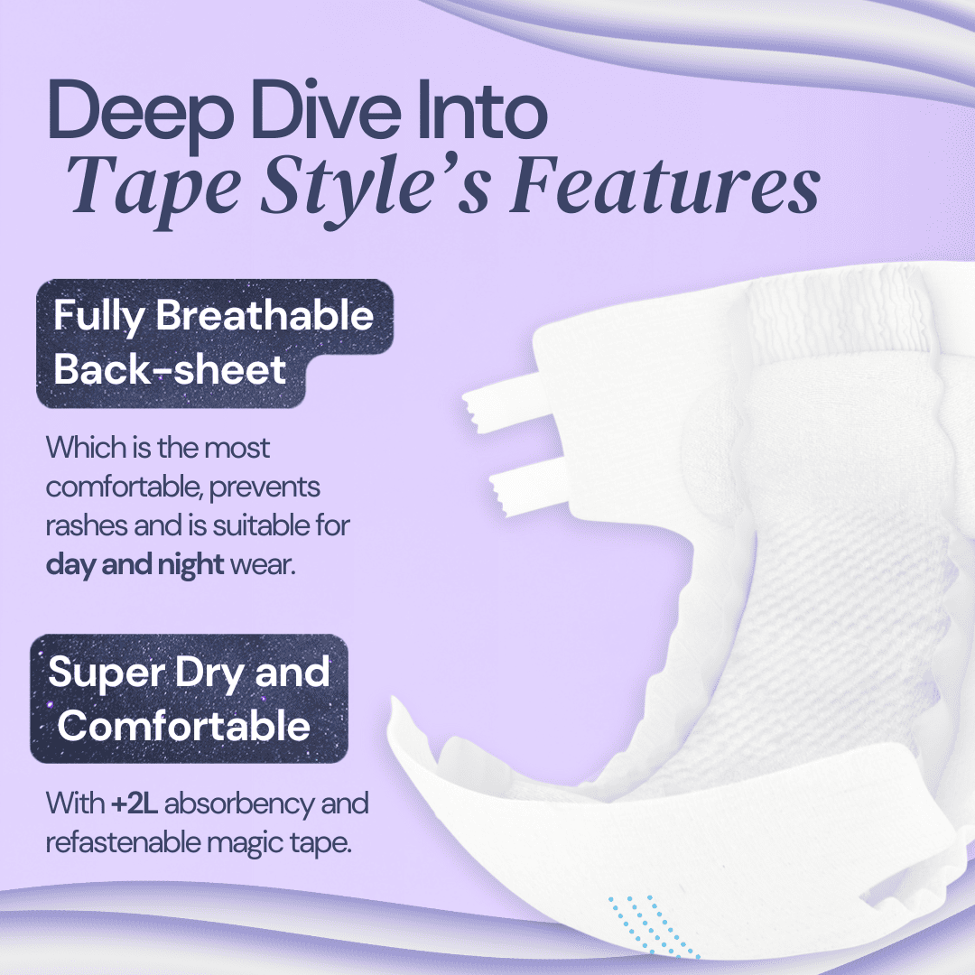 Aire Adult Tape Diapers -Size XL (1x12pcs) Unisex, Fully Breathable, Cloth like feel, with Magic Tape For Heavy Overnight Leaks