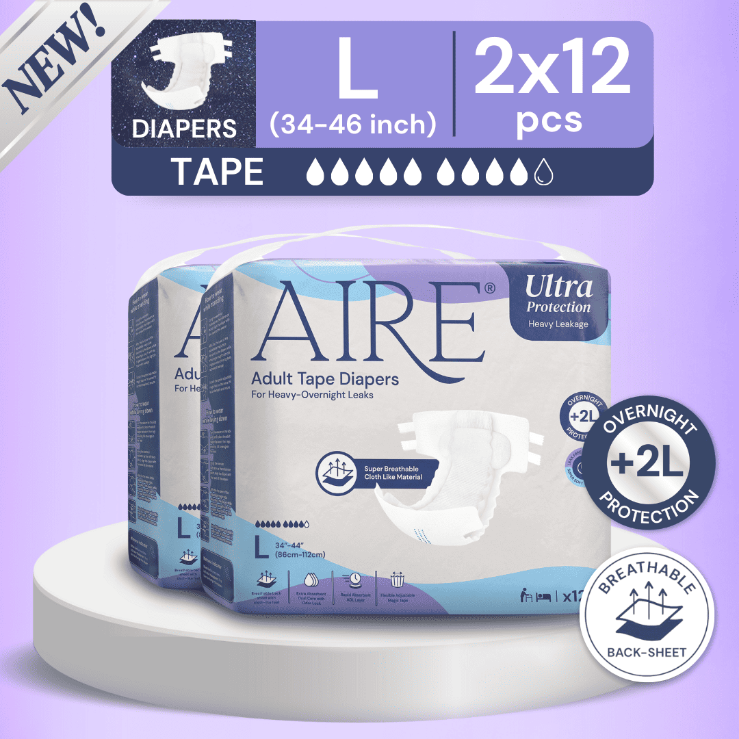 Aire Adult Tape Diapers -Size L  (2x12pcs) Unisex, Fully Breathable, Cloth like feel, with Magic Tape For Heavy Overnight Leaks