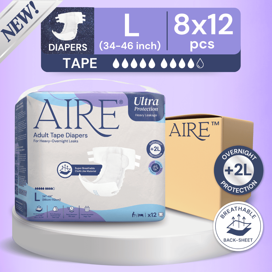 (CARTON DEAL) Aire Adult Tape Diapers - Size L (8x12pcs) Unisex, Fully Breathable, Cloth like feel, with Magic Tape For Heavy Overnight Leaks