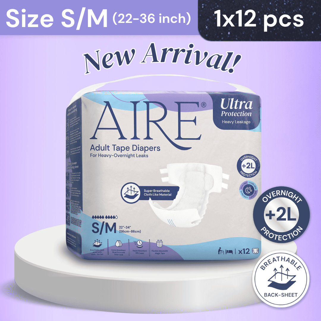 (CARTON DEAL) Aire Adult Tape Diapers - Size S/M (8x12pcs) Unisex, Fully Breathable, Cloth like feel, with Magic Tape For Heavy Overnight Leaks