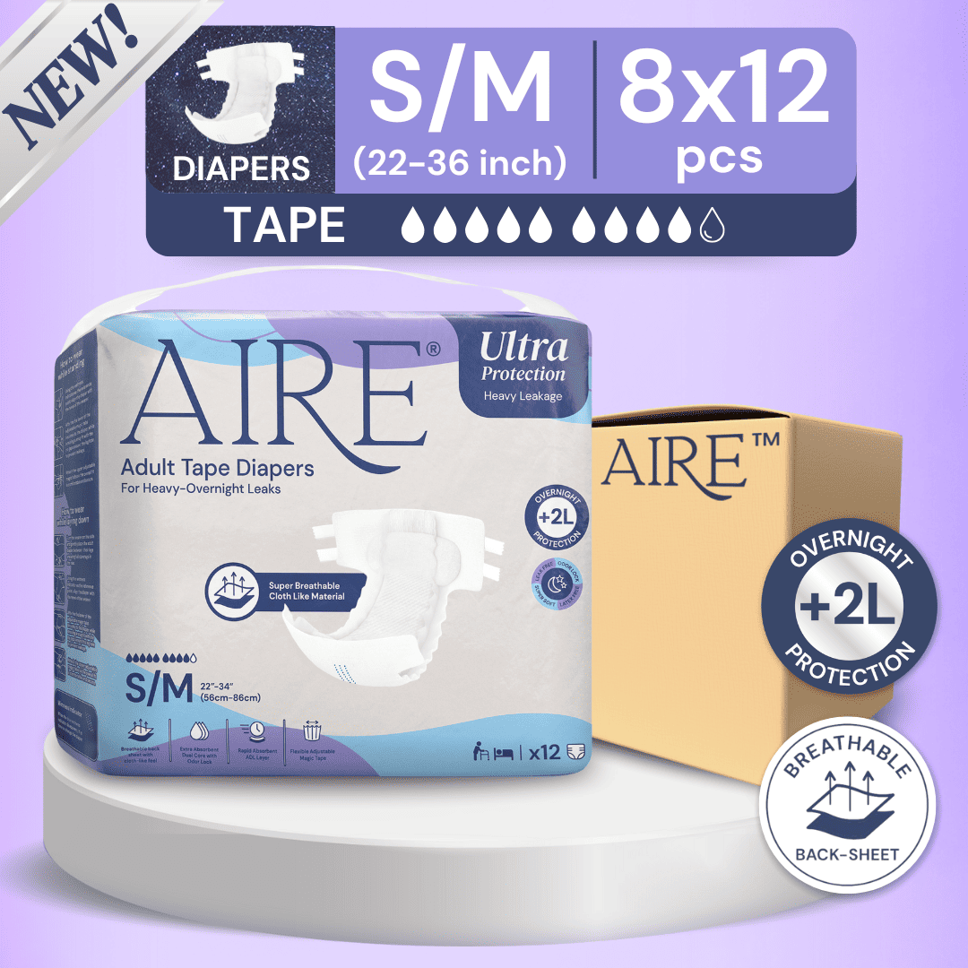 (CARTON DEAL) Aire Adult Tape Diapers - Size S/M (8x12pcs) Unisex, Fully Breathable, Cloth like feel, with Magic Tape For Heavy Overnight Leaks