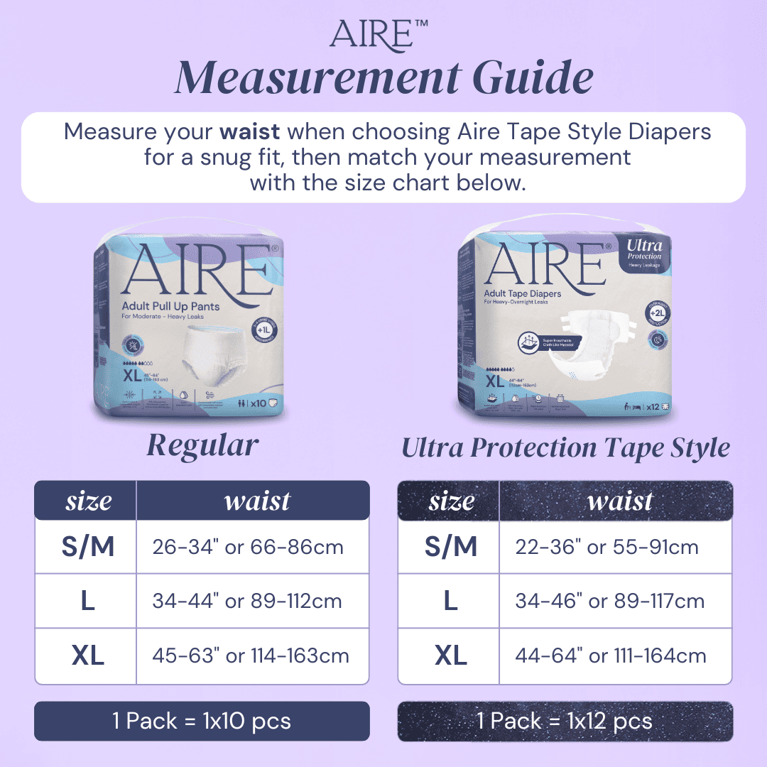 (CARTON DEAL) Aire Adult Tape Diapers - Size XL (8x12pcs) Unisex, Fully Breathable, Cloth like feel, with Magic Tape For Heavy Overnight Leaks