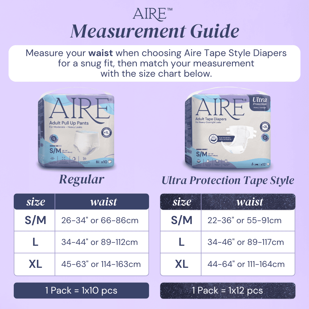 (CARTON DEAL) Aire Adult Tape Diapers - Size S/M (8x12pcs) Unisex, Fully Breathable, Cloth like feel, with Magic Tape For Heavy Overnight Leaks