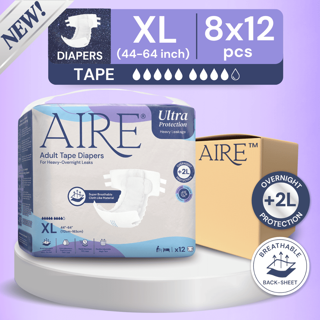 (CARTON DEAL) Aire Adult Tape Diapers - Size XL (8x12pcs) Unisex, Fully Breathable, Cloth like feel, with Magic Tape For Heavy Overnight Leaks