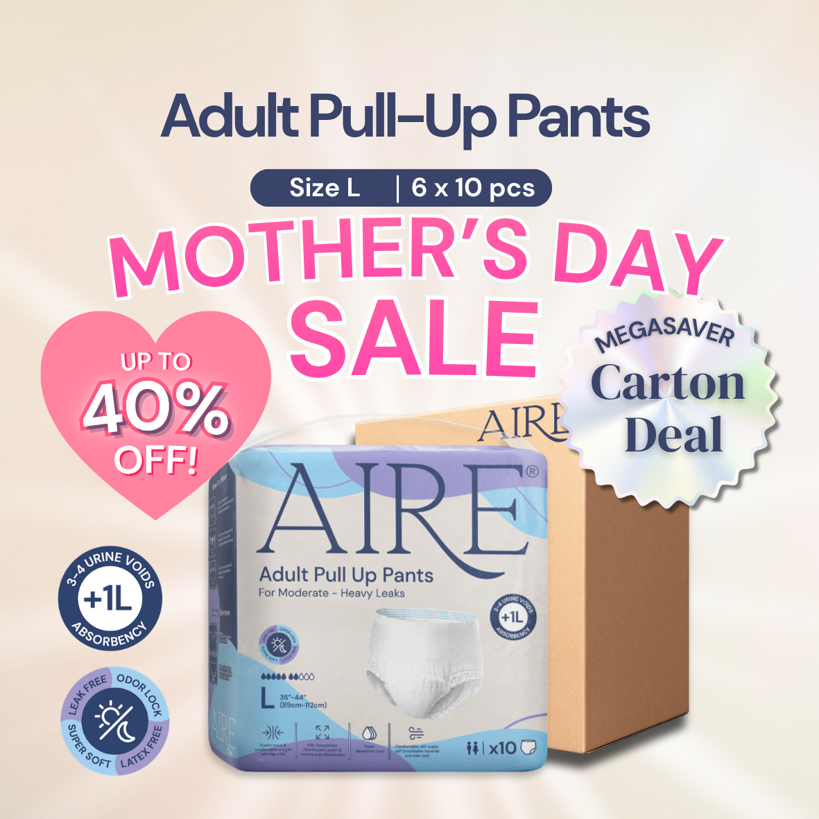 {Carton Deal} Aire® Adult Pull Up Pants - Size L (6x10pcs)