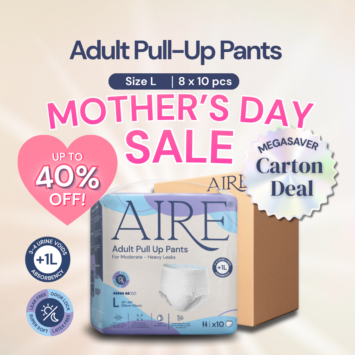 {Carton Deal} Aire® Adult Pull Up Pants- Size L (8x10 pcs)