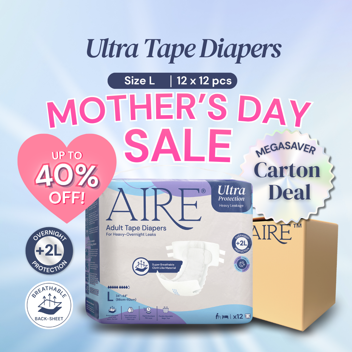 {CARTON DEAL} Aire® Ultra Tape Diapers - Size L (12x12pcs)