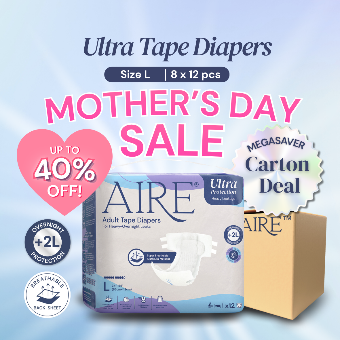 {CARTON DEAL} Aire® Ultra Tape Diapers - Size L (8x12pcs)