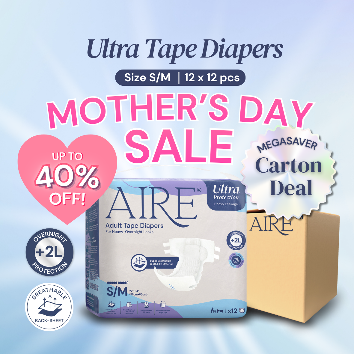 {CARTON DEAL} Aire® Ultra Tape Diapers - Size S/M (12x12pcs)