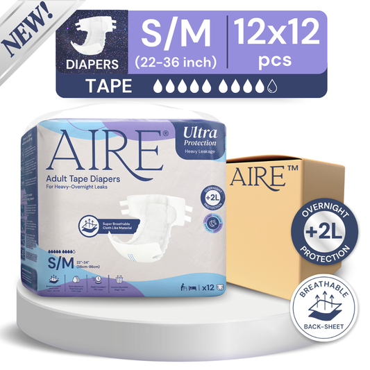 (CARTON DEAL) Aire Adult Tape Diapers - Size S/M (12x12pcs) Unisex, Fully Breathable, Cloth like feel, with Magic Tape For Heavy Overnight Leaks