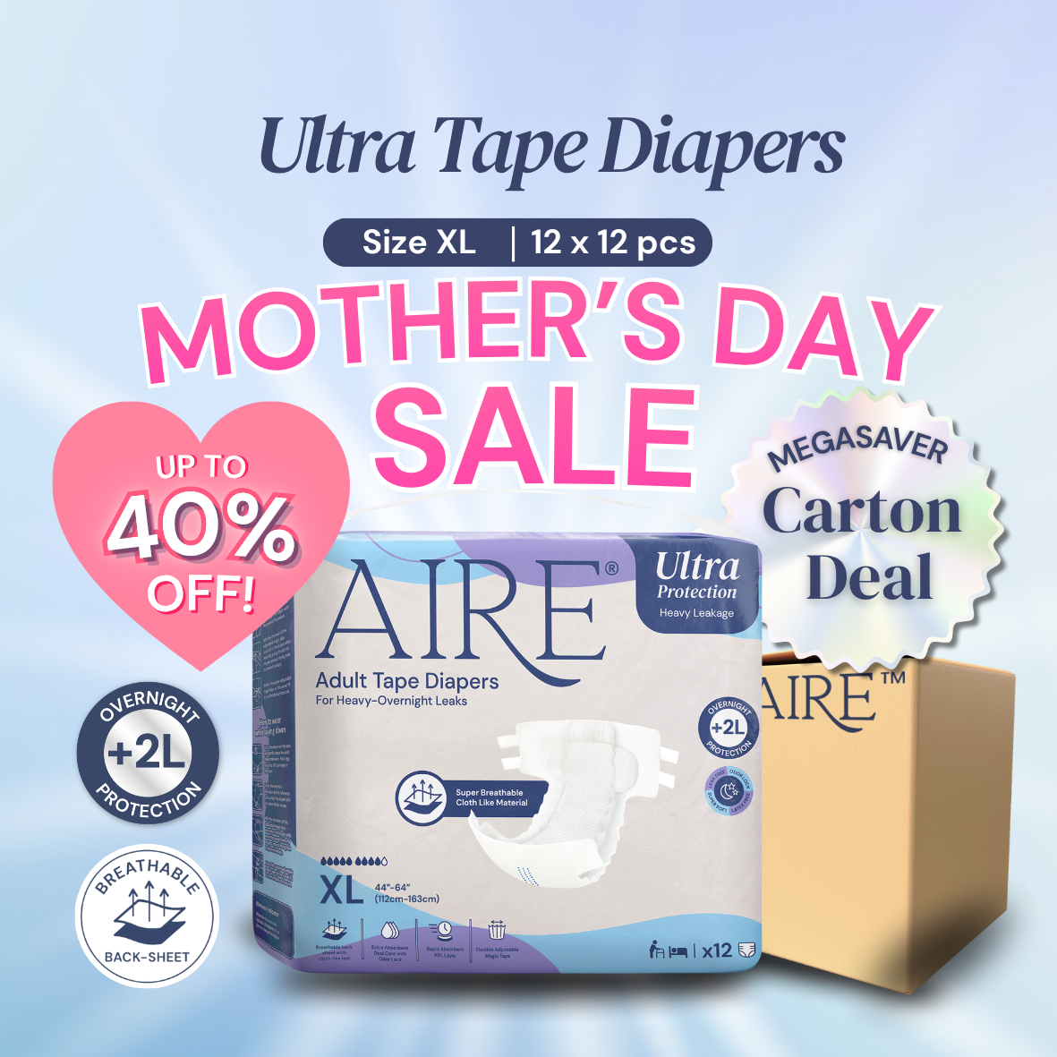 {CARTON DEAL} Aire® Ultra Tape Diapers - Size XL (12x12pcs)