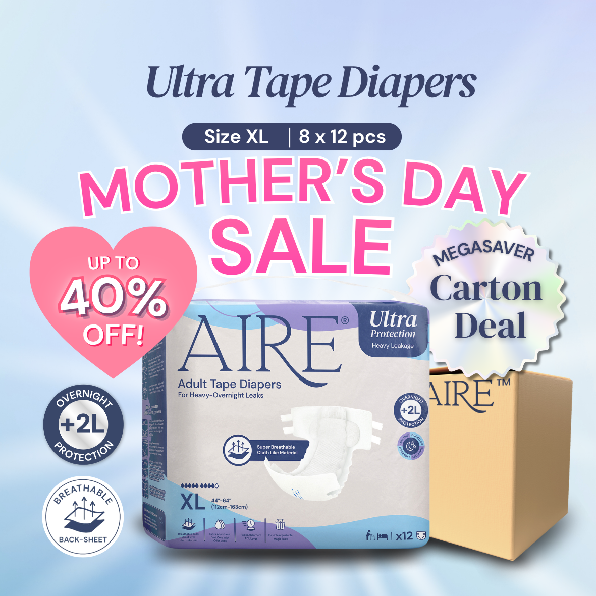 {CARTON DEAL} Aire® Ultra Tape Diapers - Size XL (8x12pcs)